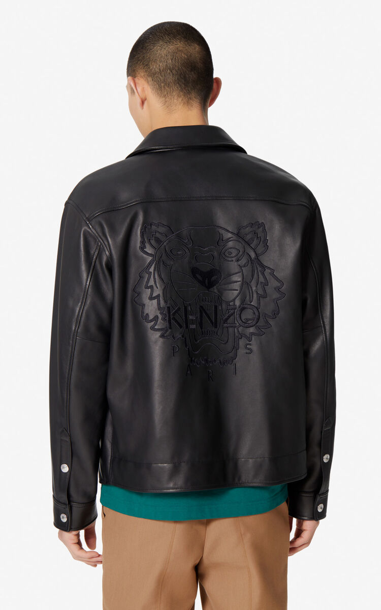 The Tiger Men Kenzo Leather Tiger Jacket Black - KENZO The Tiger